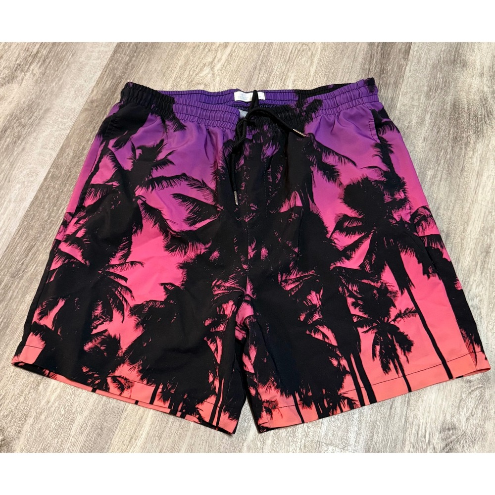 Public Record Mens Palm Tree Sunset Ombre Swim Trunks Purple Pink Medium